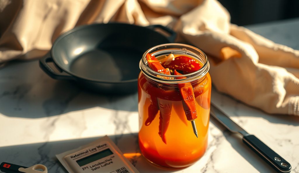 Glass fermentation jar of low-sodium smoked pepper hot sauce with a pH meter probe inserted, Lactobacillus starter culture packet visible alongside — showing the safety monitoring required for reduced-salt fermentation.