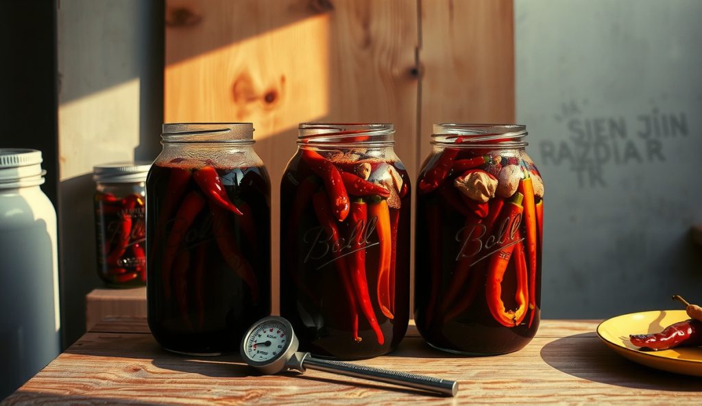 Multiple large-format fermentation jars of smoked pepper hot sauce showing the large-batch scaling setup, with fermentation weights, measuring scale, and thermometer visible for monitoring kinetics.