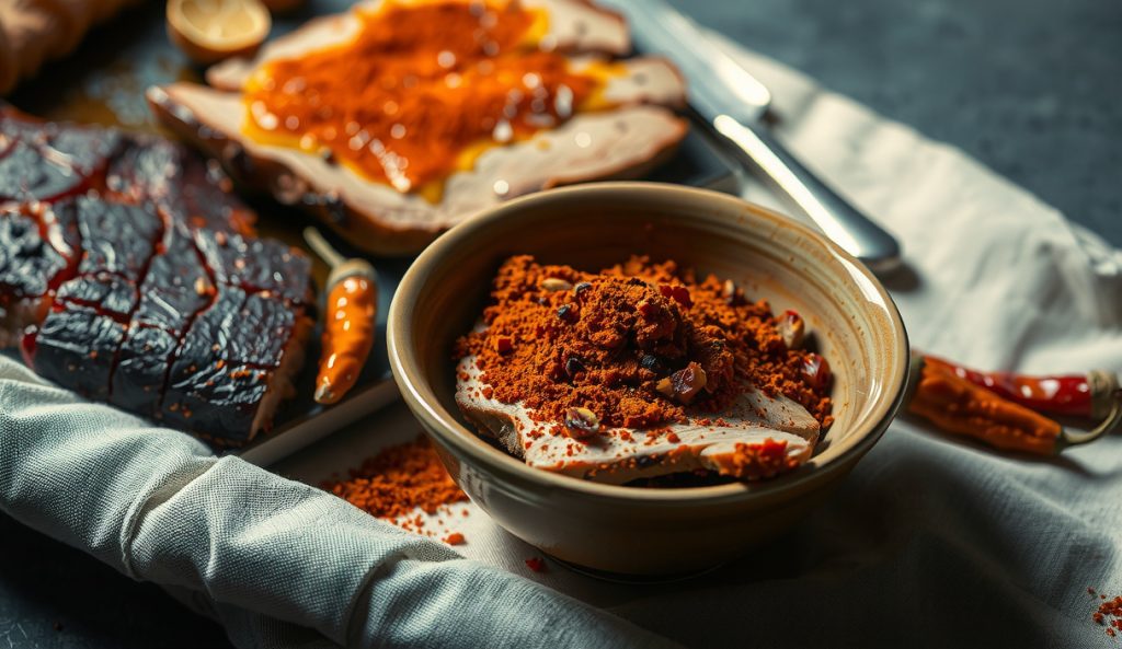 Chipotle heat variant low-sodium BBQ rub in a ceramic bowl showing darker color from chipotle powder, with deeply barked smoked brisket in the background.