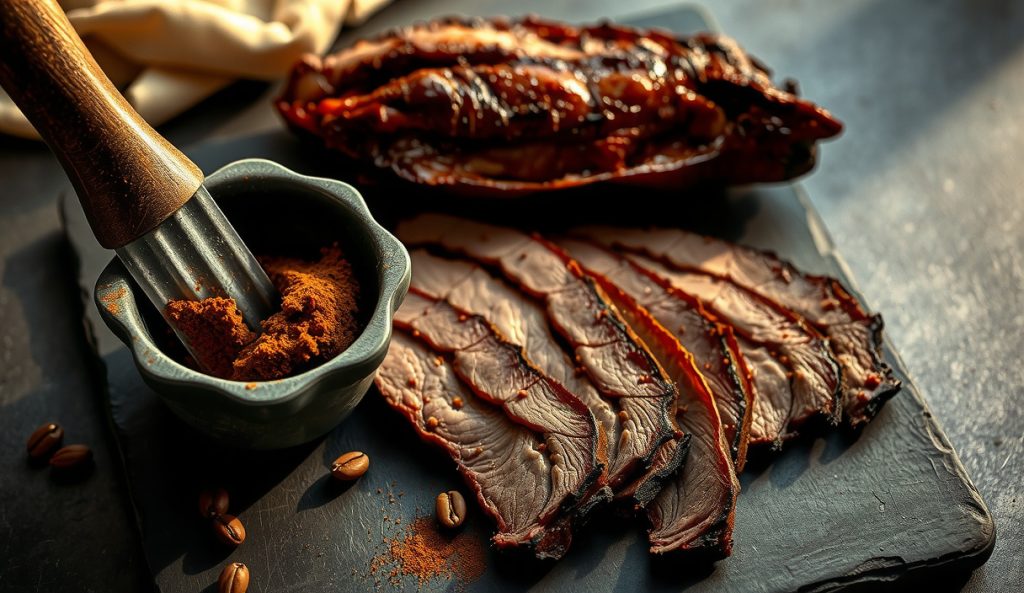 Coffee-forward low-sodium BBQ rub variant in a mortar showing espresso-dark color with whole coffee beans scattered nearby, deeply barked brisket slice in background.