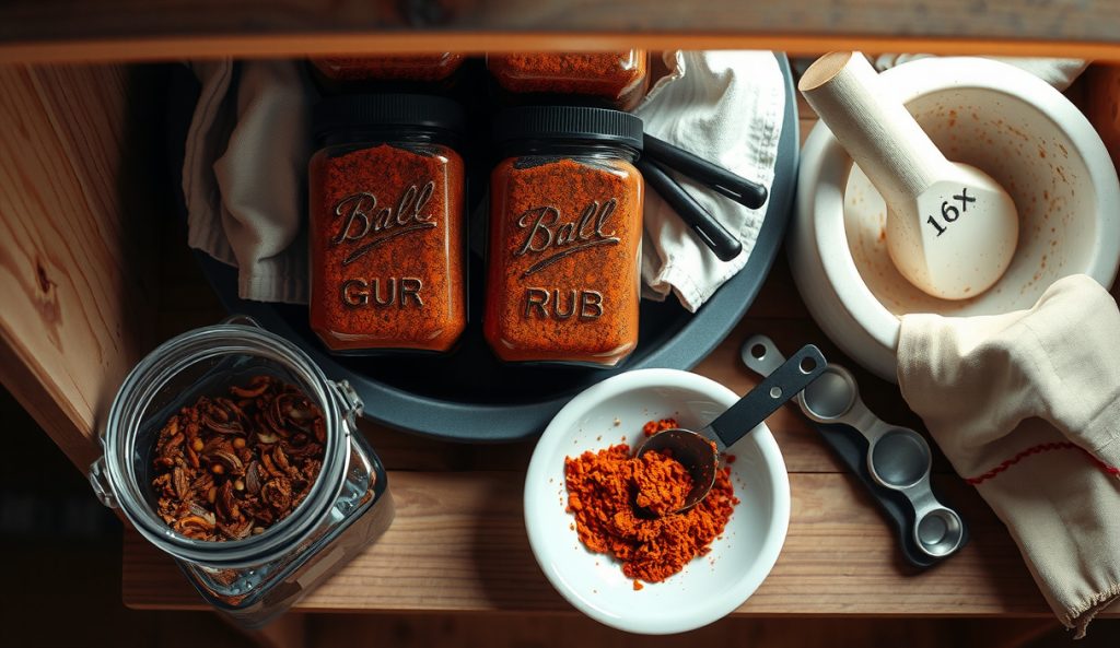 Competition-scale low-sodium smoked paprika BBQ rub batched into four sealed quart mason jars alongside a large mixing bowl, showing the volume needed for a full competition prep.