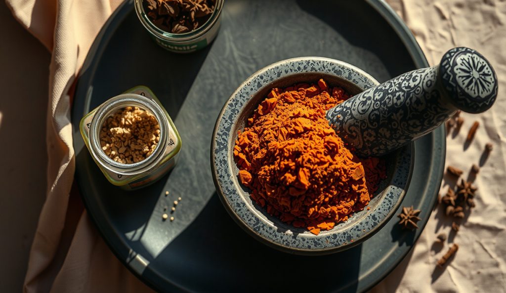 Low-sodium BBQ rub in a mortar showing brick-red smoked paprika, dried mushroom flakes, and mixed salt crystals, with whole black pepper and dried herbs scattered on a dark stoneware surface.