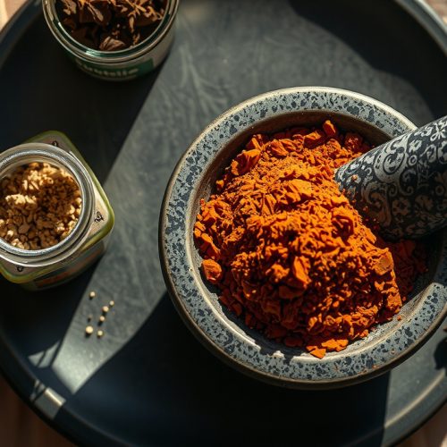 Low-sodium BBQ rub in a mortar showing brick-red smoked paprika, dried mushroom flakes, and mixed salt crystals, with whole black pepper and dried herbs scattered on a dark stoneware surface.