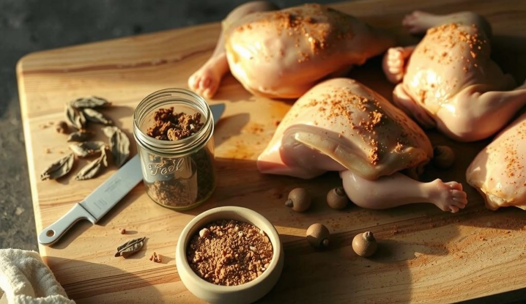 Poultry-specific low-sodium BBQ rub build with visible dried thyme, sage, and mushroom powder in the foreground, dusted on raw chicken thighs behind it.