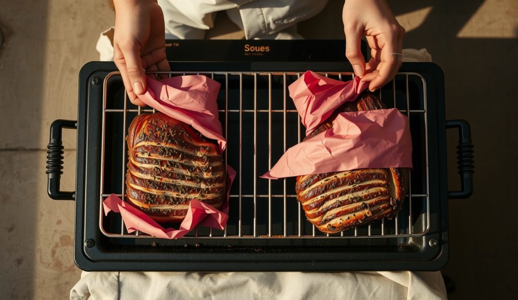 Competition-scale low-sodium herb-forward brisket cook with two full packers staggered on an offset smoker, each wrapped independently in pink butcher paper.