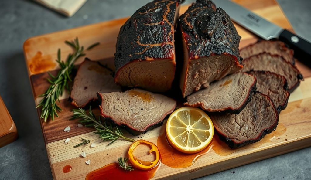 Low-sodium smoked brisket sliced on a butcher block showing near-black herb-spice bark and smoke ring, with fresh rosemary, thyme, and lemon zest scattered around as aromatic salt replacements.