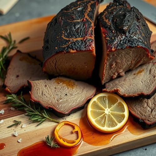 Low-sodium smoked brisket sliced on a butcher block showing near-black herb-spice bark and smoke ring, with fresh rosemary, thyme, and lemon zest scattered around as aromatic salt replacements.
