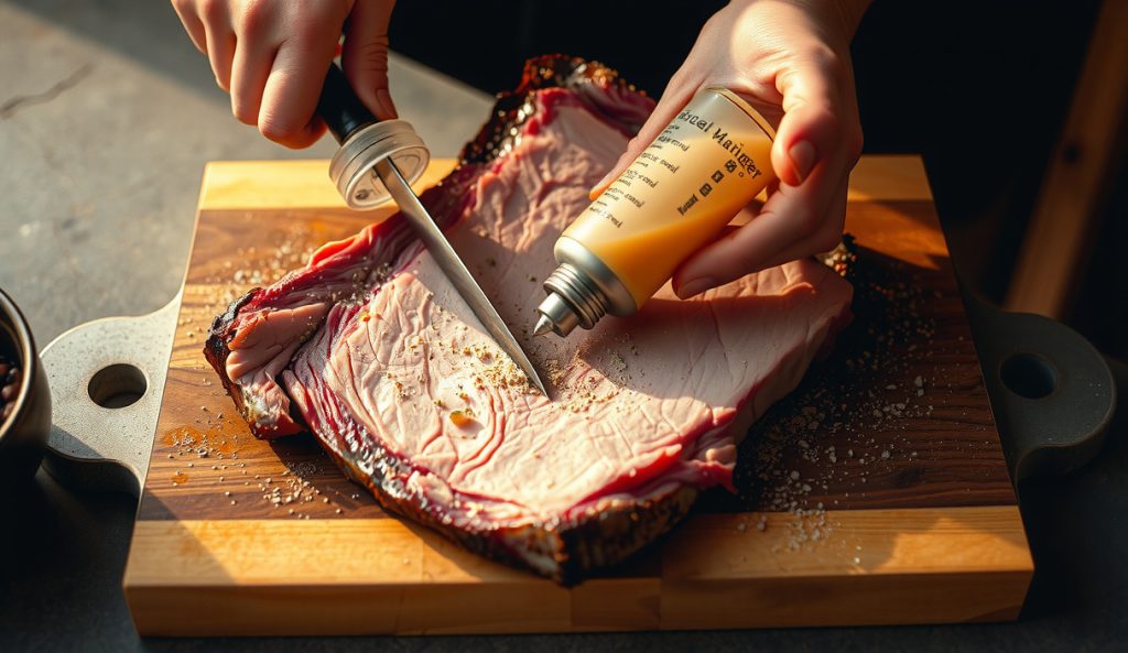 Low-sodium smoked brisket flat-only adaptation, showing a marinade injector loaded with gelatin-beef broth blend being injected into the lean flat, herb rub applied.