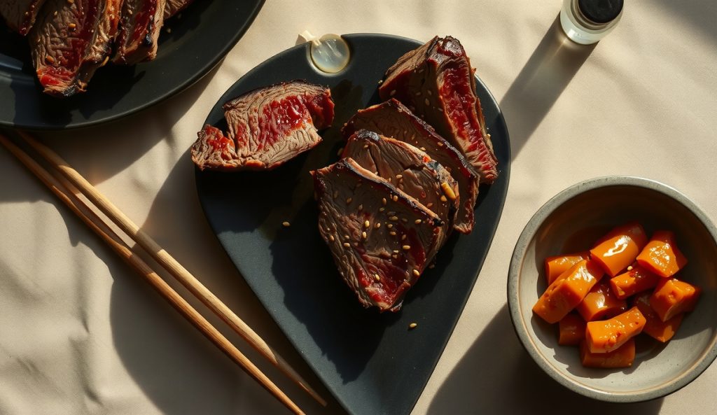 Korean-inflected low-sodium smoked brisket with gochugaru-orange bark, toasted sesame visible in the crust, kimchi side dish, chopsticks, and rice vinegar spritz bottle alongside.
