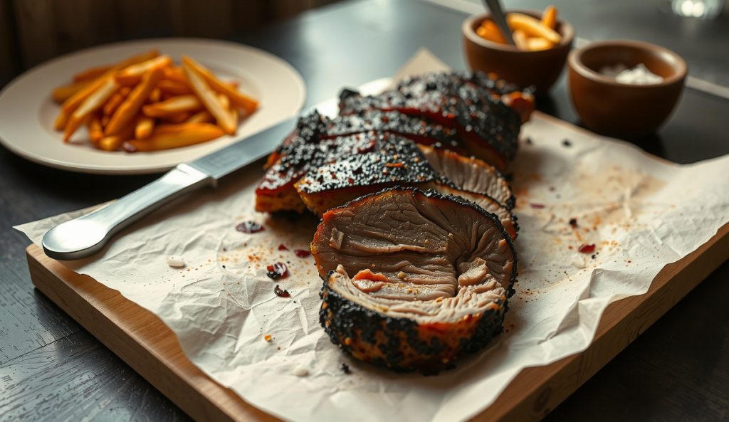 Texas minimalist low-sodium smoked brisket sliced on white butcher paper, showing coarse black pepper bark and vivid smoke ring, with a post-oak log and no garnish.