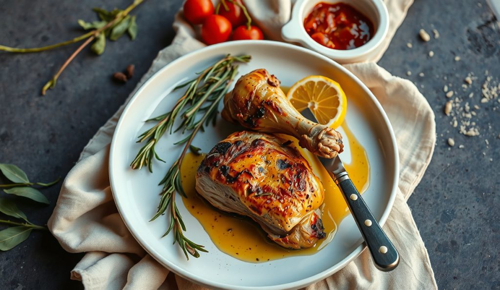 Mediterranean citrus-herb finish on low-sodium smoked chicken thighs, rosemary sprigs and coriander seeds scattered alongside, lemon-oil sheen visible on intact crispy bark.