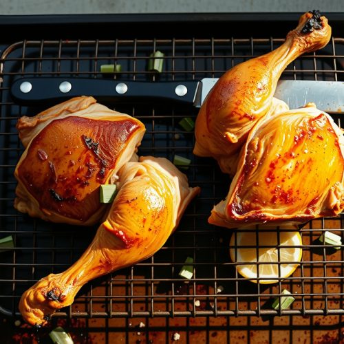 Low-sodium smoked chicken thighs on a wire rack showing deep paprika bark and smoke ring, with fresh oregano and lemon halves scattered as aromatic flavor anchors in place of added salt.