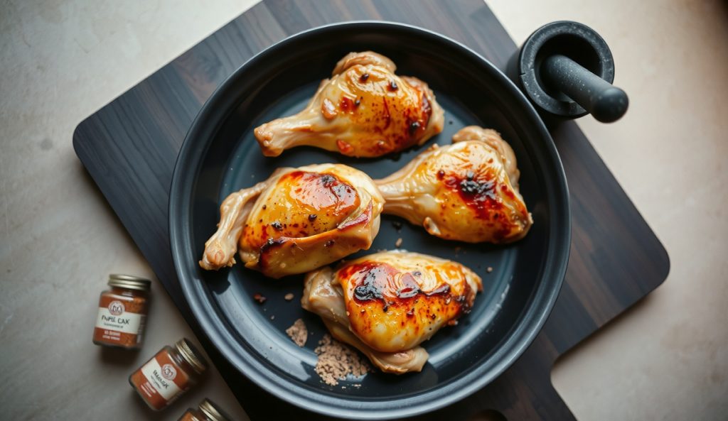 Gluten-free confirmed smoked chicken thighs on black stoneware surrounded by individual single-ingredient spice jars and a mortar with rub, emphasizing pure sourcing.