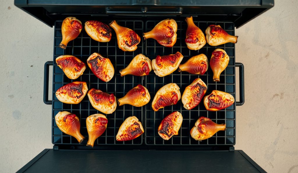 Party-size batch of low-sodium smoked chicken thighs packed across two smoker grates in an offset smoker, showing crowd-scale packing with deep bark on every piece.