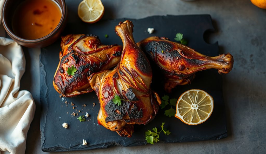 Whole30 and dairy-free smoked chicken thighs with mahogany bark on a dark slate board, a bowl of coconut milk marinade visible instead of buttermilk, fresh herbs scattered alongside.