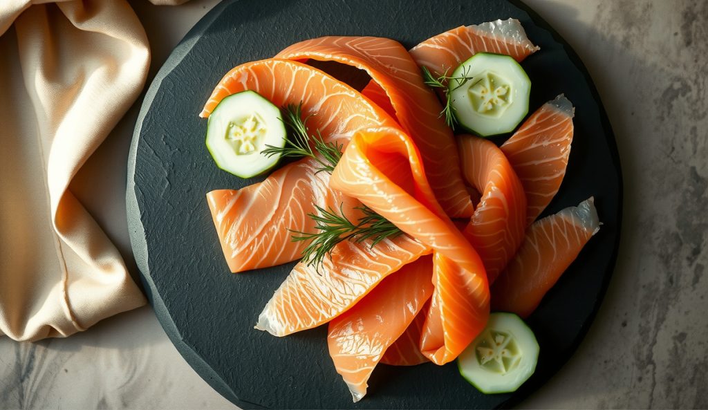 Cold-smoked lox-style low-sodium salmon sliced thin, showing the silky translucent texture achievable below 90°F, draped on dark slate with dill and cucumber.