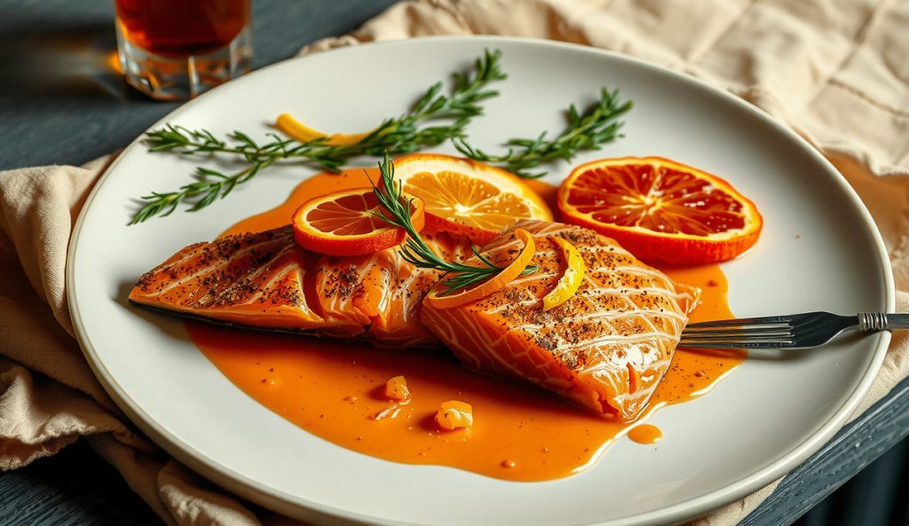 Low-sodium alder-smoked salmon with dill-citrus cure, fanned slices on cream linen showing amber-to-coral gradient, with fresh dill fronds and citrus zest strips scattered as aromatic salt-replacement anchors.