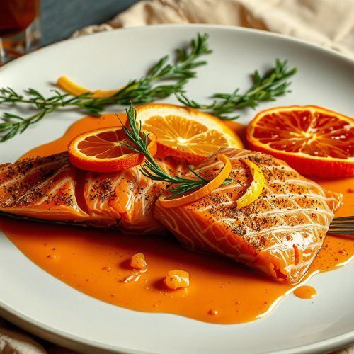 Low-sodium alder-smoked salmon with dill-citrus cure, fanned slices on cream linen showing amber-to-coral gradient, with fresh dill fronds and citrus zest strips scattered as aromatic salt-replacement anchors.