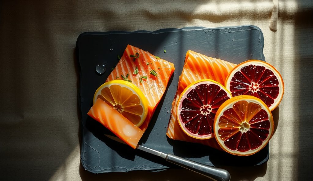 Seasonal herb substitution comparison for low-sodium smoked salmon, one portion with tarragon and Meyer lemon, another with fennel fronds and blood orange, both cured identically.