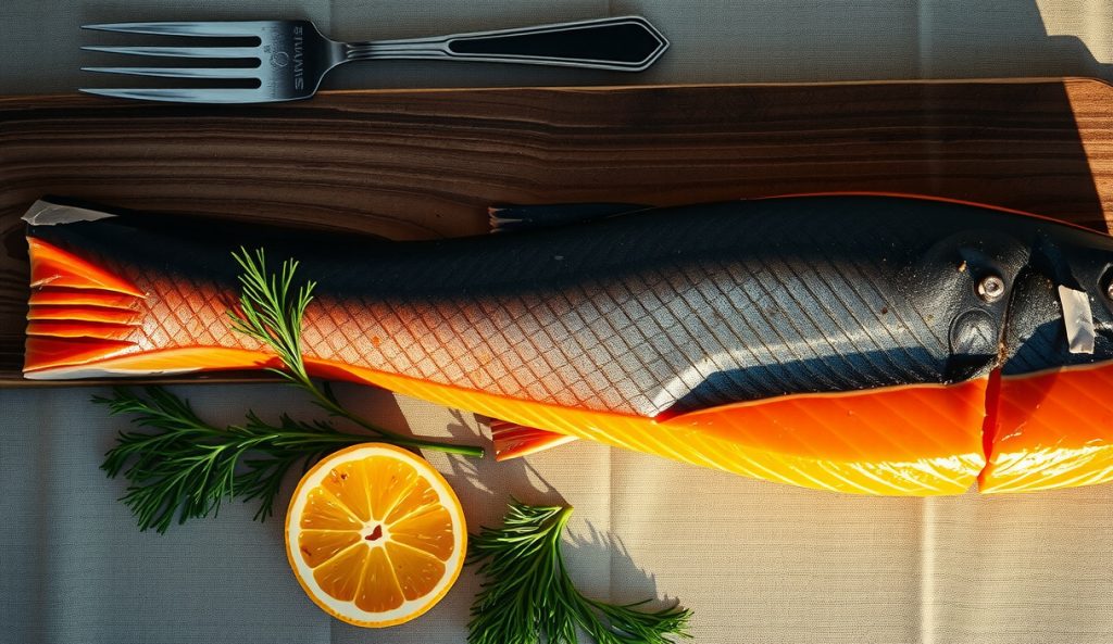 Full side of low-sodium smoked salmon scaled to a large fillet, showing shallow skin scoring lines for even cure penetration, golden pellicle formed, fresh dill and citrus alongside.