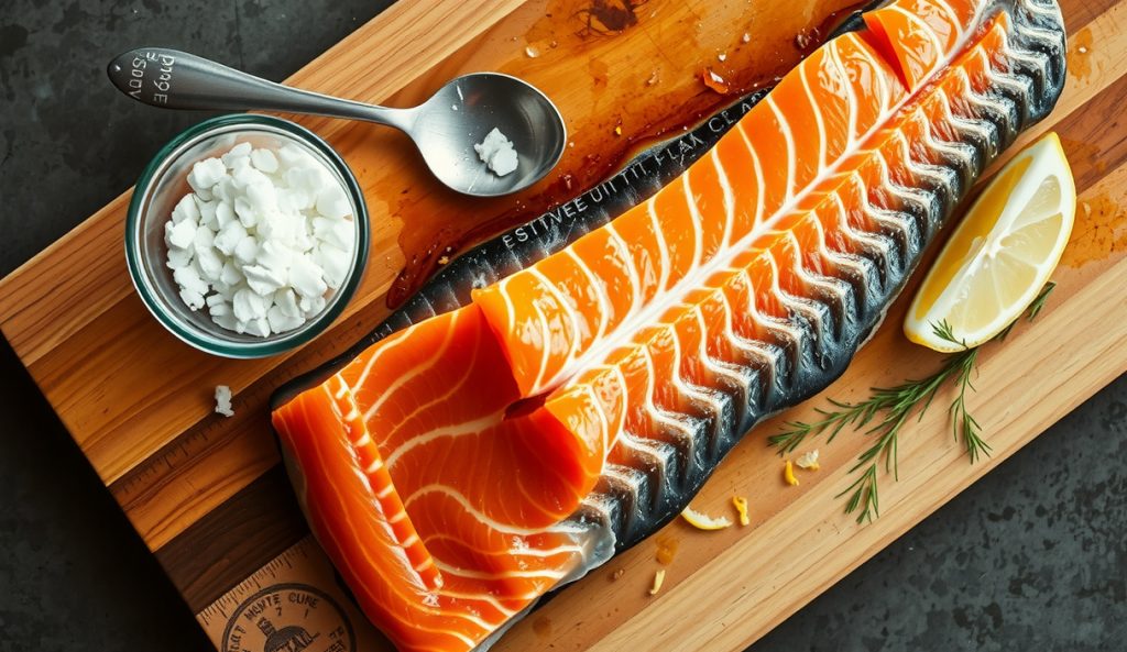 Low-sodium smoked salmon with potassium chloride partial swap, showing NaCl and KCl cure blend in glass bowls beside the cured fillet with golden pellicle.