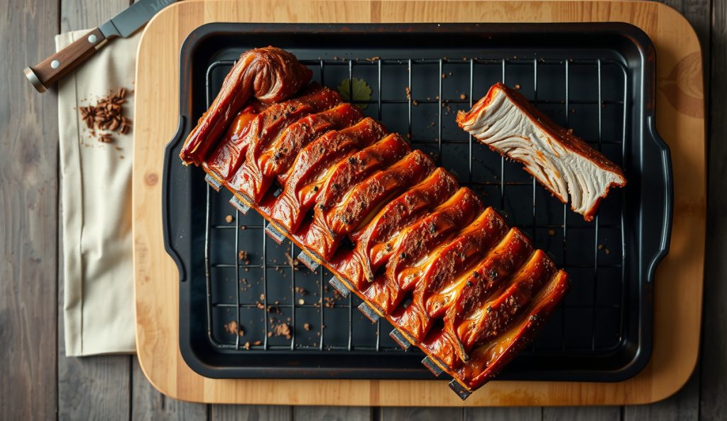Baby back ribs coated in Memphis dry rub on a blackened wire rack, showing the smaller curved rack and pull-clean doneness unique to the 2-2-1 timing method.