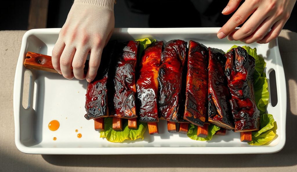 Competition-plated Memphis spare ribs with a glossy apple-honey candy-lacquer glaze, perfectly sliced into uniform bones arranged in a white turn-in box.