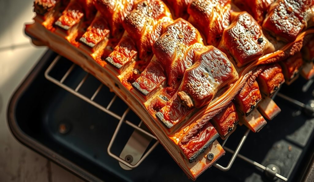 Full rack of Memphis dry-rub spare ribs on a blackened wire rack, showing deep brick-red paprika bark, a visible smoke ring at the cut end, and rendered fat beading along the bone edges