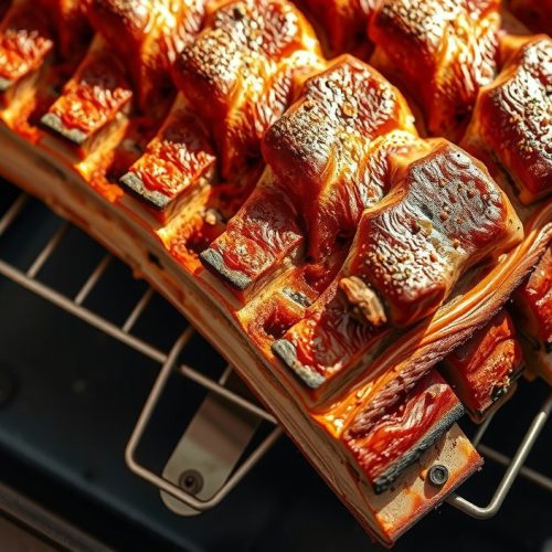 Full rack of Memphis dry-rub spare ribs on a blackened wire rack, showing deep brick-red paprika bark, a visible smoke ring at the cut end, and rendered fat beading along the bone edges