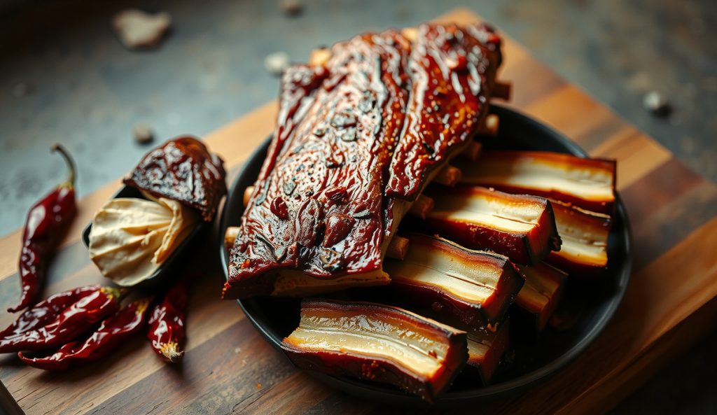 Memphis-style spare ribs with a hot dry-rub crust of cayenne, ancho, and hot pimentón, showing an intensely brick-red bark on a dark stoneware platter.