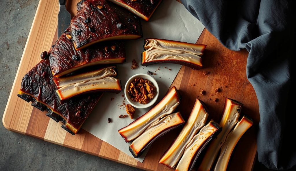 Keto Memphis dry-rub spare ribs fanned on butcher block, thick sugar-free spice-crust bark with glistening rendered fat edges, no sauce, small dish of dry rub mix visible alongside.