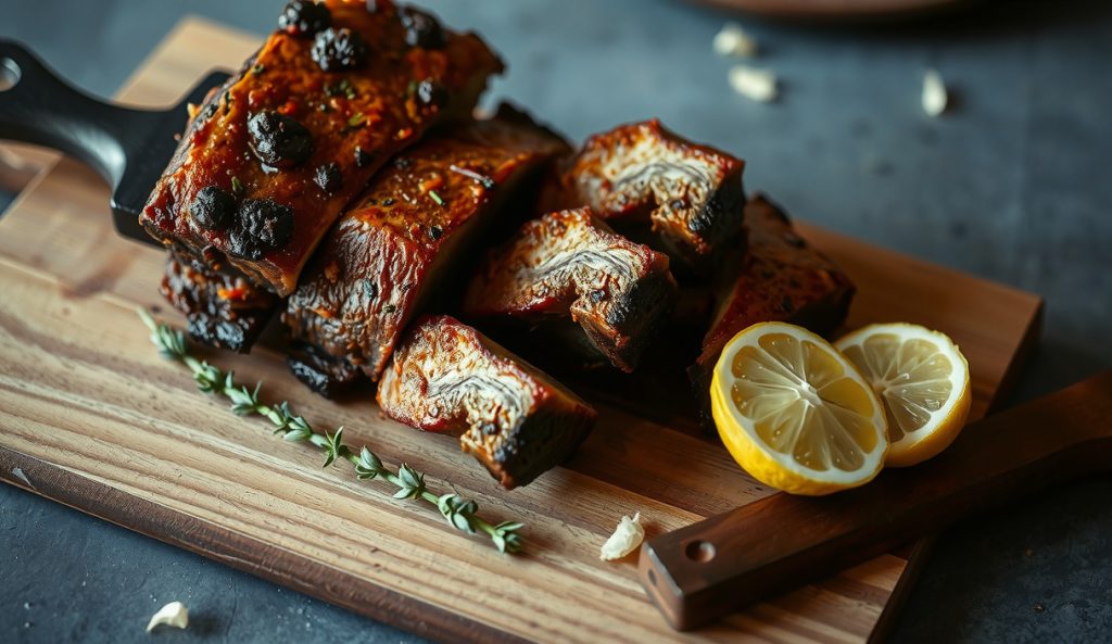 Low-sodium Memphis dry-rub spare ribs showing herb and citrus-forward crust with visible smoke ring on cut end, lemon half and fresh thyme beside the rack on dark stoneware, no salt.