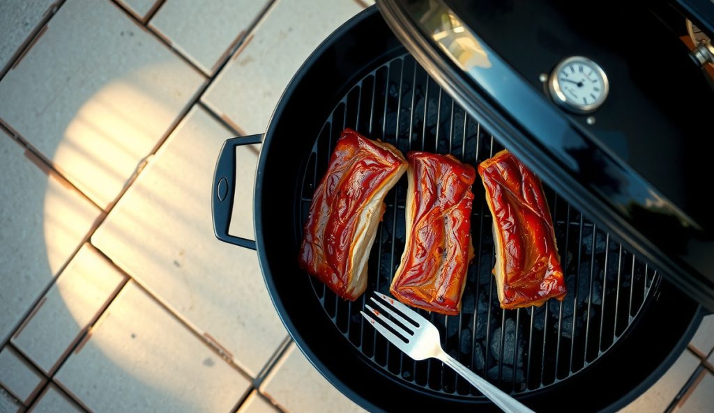 Memphis dry-rub spare ribs on a 22-inch kettle grill with snake-method charcoal arrangement, slow-n-sear insert visible, lid vent open, no sauce bark, temperature gauge reading 235°F, kettle smoker adaptation in full view.