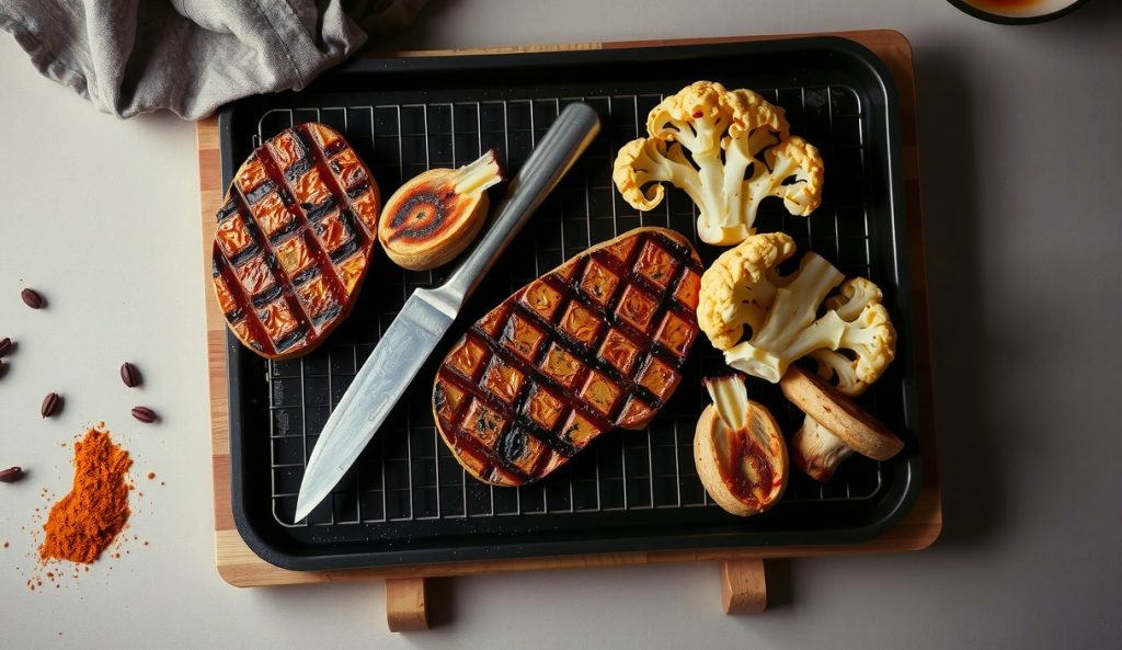 Vegetarian Memphis dry-rub companion: thick king oyster mushroom and cauliflower steaks with deep paprika-herb crust on charred wire rack, smoke rising, mimicking spare rib presentation on butcher block.