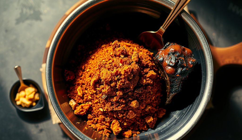 Competition Memphis pork rub with visible coarse turbinado sugar crystals and tapioca maltodextrin ramekin beside the mixing bowl, with a deeply lacquered rib rack in the background showing the wider browning window.