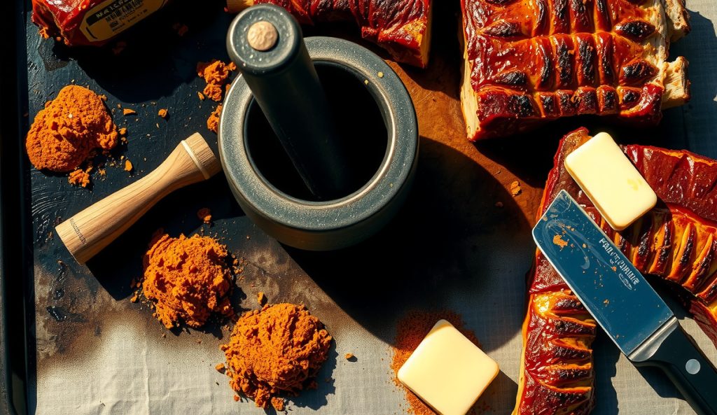 Three-quarter overhead ceramic mortar with Memphis pork rub showing deep brick-red smoked paprika and brown sugar crystals, with a rib rack showing rust-brown bark visible in the background.