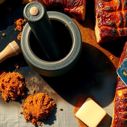 Three-quarter overhead ceramic mortar with Memphis pork rub showing deep brick-red smoked paprika and brown sugar crystals, with a rib rack showing rust-brown bark visible in the background.