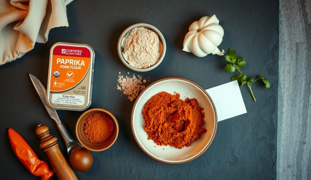 Gluten-free Memphis pork rub in a ceramic bowl with certified gluten-free paprika tin and verified-safe spice containers arranged on dark slate, highlighting the allergy-safe ingredient verification.