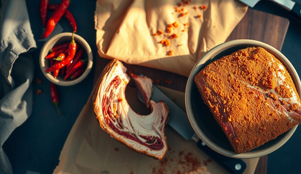 Hotter Memphis pork rub in a ceramic bowl with dominant cayenne-red streaks alongside a cayenne ramekin, pork ribs in background showing the aggressive spice bark while paprika color remains prominent.