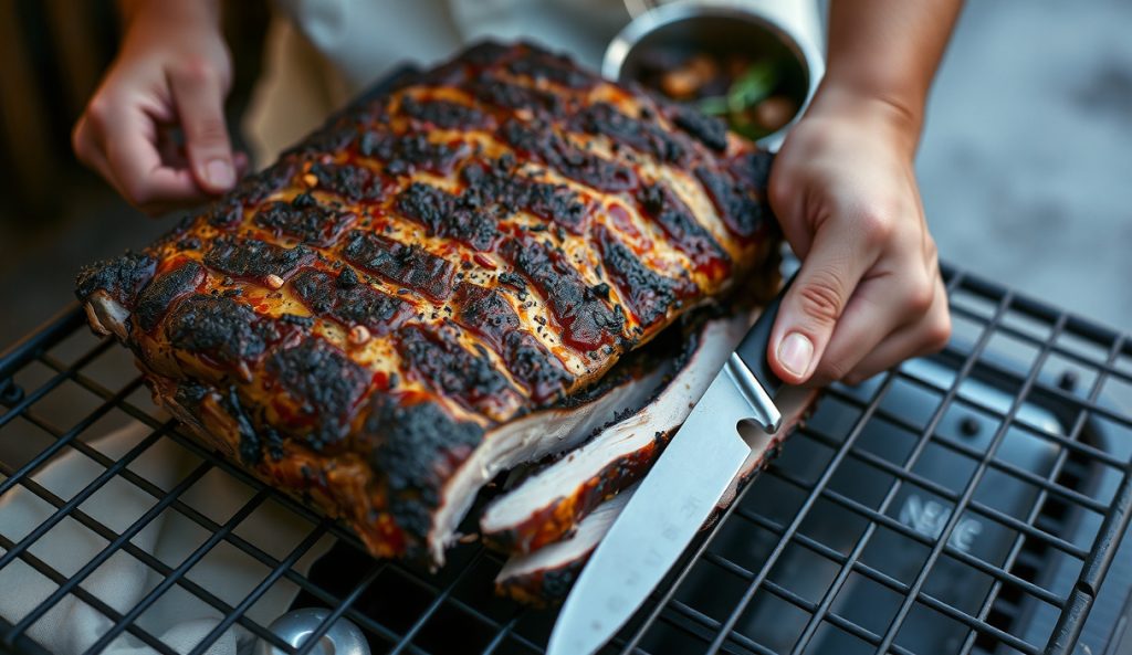 Whole Boston butt pork shoulder with Memphis rub adapted for a 12-hour cook, showing deep mahogany bark with less sugar caramelization than rib-style application, on a wire rack with smoke drifting.