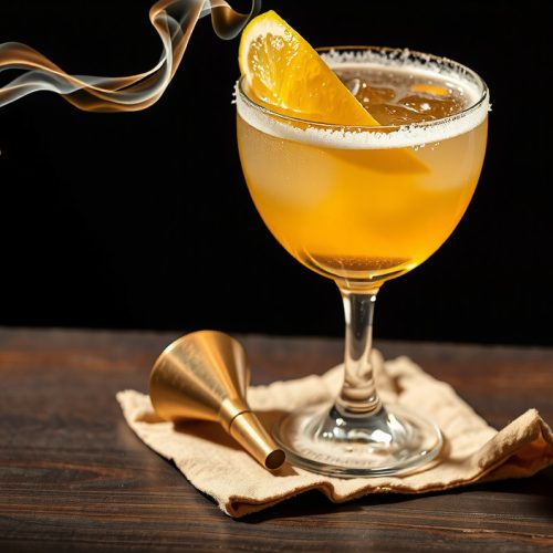 Backlit mezcal margarita coupe with smoked Maldon salt rim catching the light, pale golden-green liquid inside, lime wheel garnish, and citrus oils visible as mist in the backlight on dark bar wood.