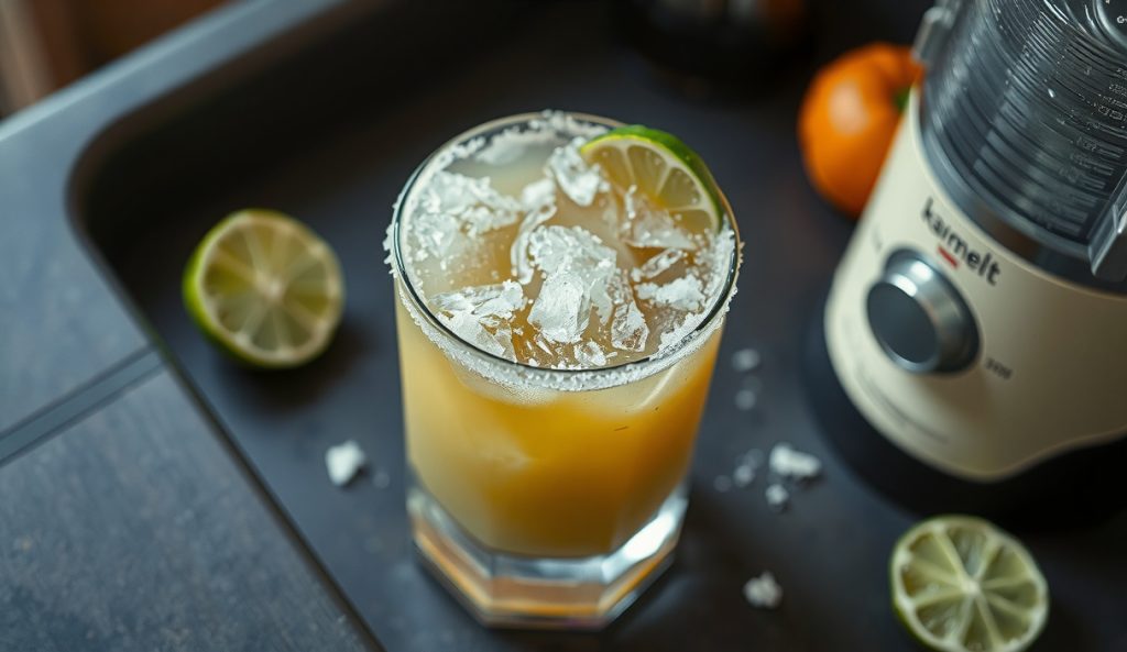 Frozen mezcal margarita in a hurricane glass with crushed-ice slushy texture, thick smoked-salt rim, lime wedge pressed into the frozen surface, blender blurred in background.