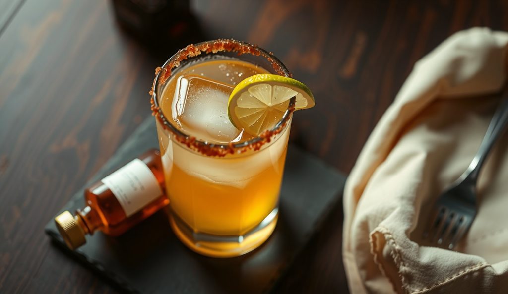 Low-ABV mezcal margarita in a rocks glass with smoked-salt rim, botanical non-alcoholic spirit bottle beside it, lighter color indicating reduced ABV, dark slate surface.