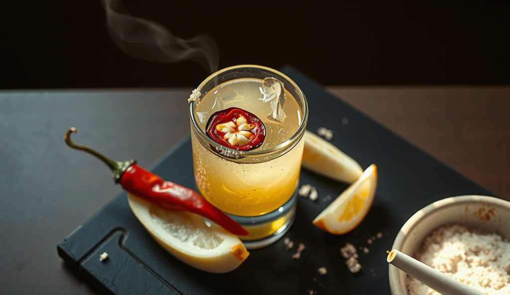 Spicy jalapeño mezcal margarita with smoked-salt and chili-flake rim, jalapeño wheel floating in the drink, muddled jalapeño slices on dark slate, heat color bleeding into the liquid.