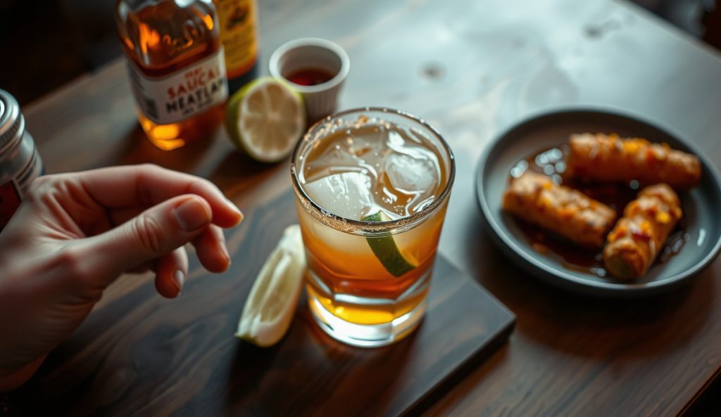 Tommy's-style mezcal margarita with no triple sec, darker earthier hue in a rocks glass, agave syrup bottle and spent lime halves on the board, smoked-salt rim.