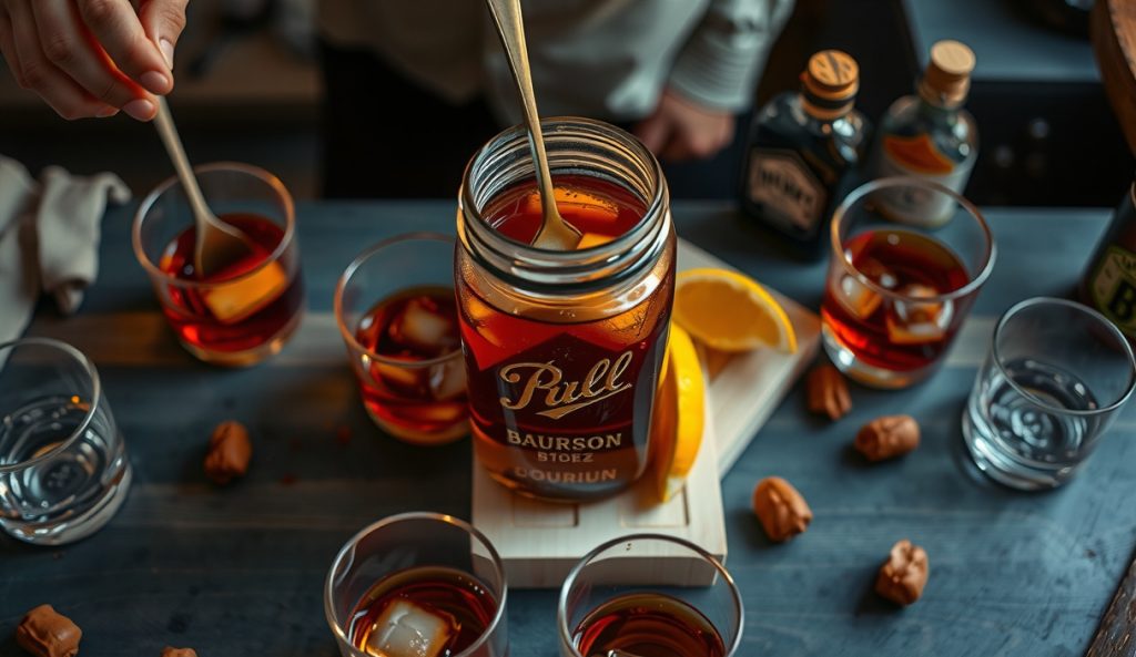 Batch-service Smoked Old-Fashioned setup — a sealed Mason jar of cold-smoked bourbon surrounded by eight rocks glasses mid-stir, bitters and syrup bottles on dark butcher block.