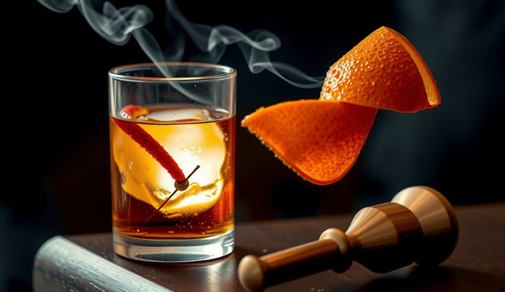 Backlit rocks glass of smoked Old-Fashioned with amber bourbon, a smoke curl rising from the surface, large ice cube with condensation, and expressed orange peel draped over the rim on dark bar wood.