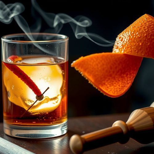 Backlit rocks glass of smoked Old-Fashioned with amber bourbon, a smoke curl rising from the surface, large ice cube with condensation, and expressed orange peel draped over the rim on dark bar wood.
