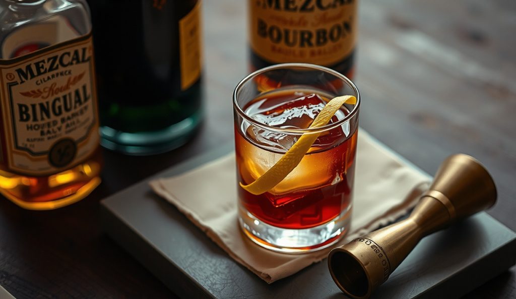Mezcal-split Smoked Old-Fashioned with joven mezcal and bourbon bottles side by side, lemon peel twist on the rocks glass rim, lighter smoke interior on dark bar wood.