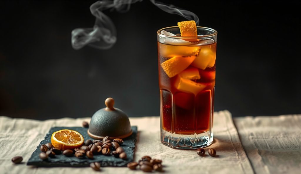 Non-alcoholic Smoked Old-Fashioned built on cold-smoked cold-brew coffee, deep mahogany hue in a rocks glass, Ethiopian coffee beans on dark slate, smoke-cloche dome beside it.